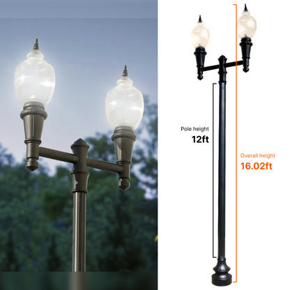Double Head Municipal Quality LED Street Light Fixture, Pole, and Pedestal Combo With 12 Feet Pole