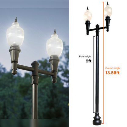Double Head Municipal Quality LED Street Light Fixture, Pole, and Pedestal Combo With 9 Feet Pole