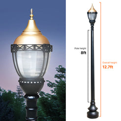 Premier Municipal Quality LED Street Light Fixture, 8ft Pole, and Pedestal Combo with Gold Globe
