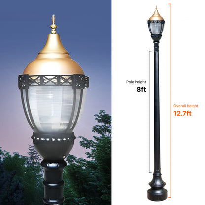 Premier Municipal Quality LED Street Light Fixture, 8ft Pole, and Pedestal Combo with Gold Globe
