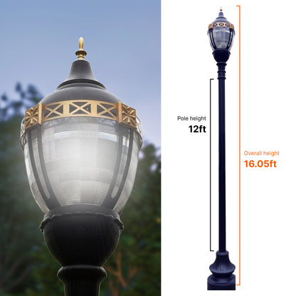 Premier Municipal Quality LED Street Light Fixture, 12ft Pole, and Pedestal Combo with Gold Trim