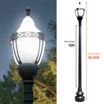 Premium Decorative Municipal Quality LED Street Light Fixture, Pole, and Pedestal Combo With 12 Feet Pole