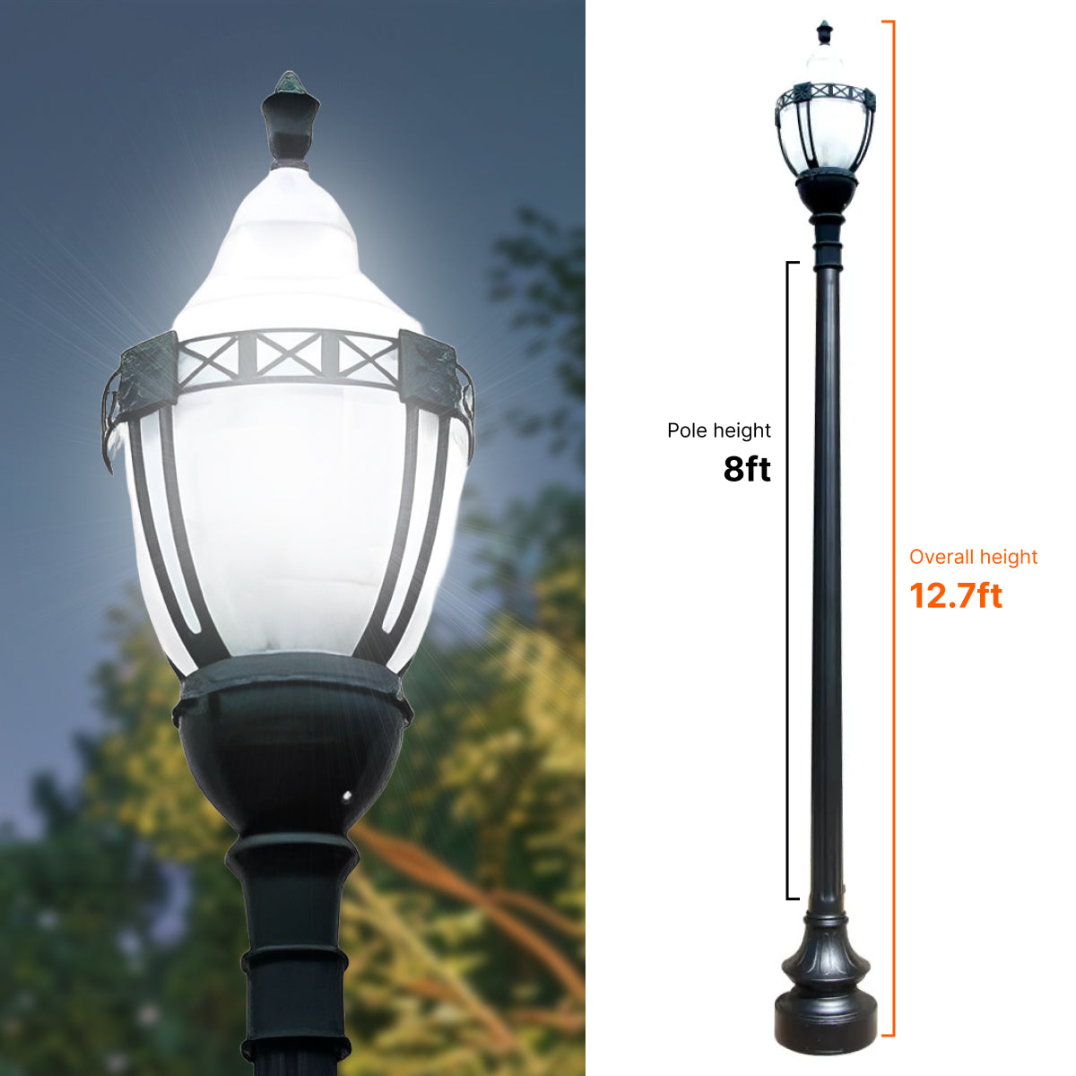 Premium Decorative Municipal Quality LED Street Light Fixture, Pole, and Pedestal Combo With 8 Feet Pole