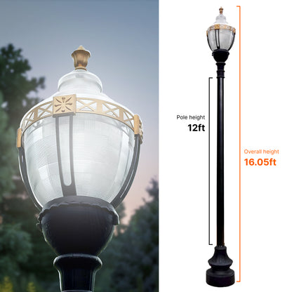 Newport Style Municipal Quality LED Street Light Fixture, 12 Feet Pole , and Pedestal Combo with Gold Trim