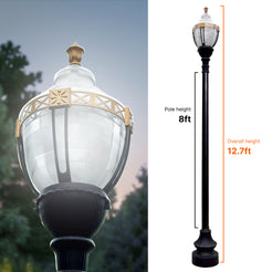 Newport Style Municipal Quality LED Street Light Fixture, 8 Feet Pole , and Pedestal Combo with Gold Trim