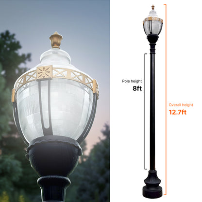 Newport Style Municipal Quality LED Street Light Fixture, 8 Feet Pole , and Pedestal Combo with Gold Trim