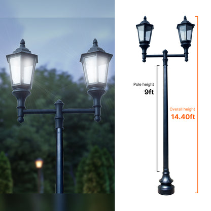Double Lantern Style Municipal Quality LED Street Light Fixture, 9ft Pole, and Pedestal Combo