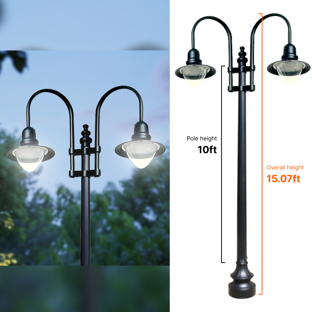 Double Fixture Dark Sky Municipal Quality LED Street Light Fixture, Pole, and Pedestal Combo With 10 Feet Pole