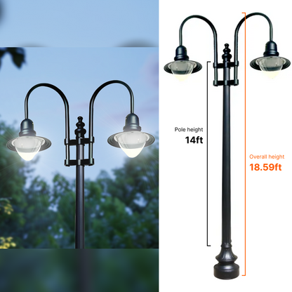 Double Fixture Dark Sky Municipal Quality LED Street Light Fixture, Pole, and Pedestal Combo With 14 Feet Pole