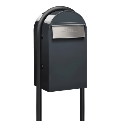 Bobi Grande B Rear Access Modern Locking Grey Mailbox with Round Black Post Combo - Stainless Steel Mail Slot - Secure Small Parcel Delivery