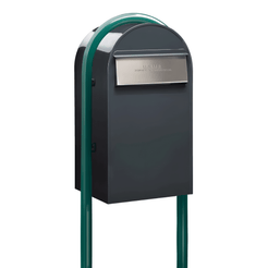 Bobi Grande B Rear Access Modern Locking Grey Mailbox with Round Green Post Combo - Stainless Steel Mail Slot - Secure Small Parcel Delivery