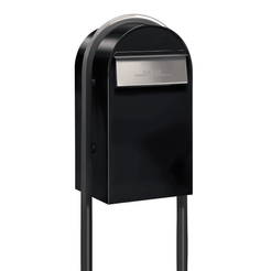 Bobi Grande B Rear Access Modern Locking Black Mailbox with Round Grey Post Combo - Stainless Steel Mail Slot - Secure Small Parcel Delivery