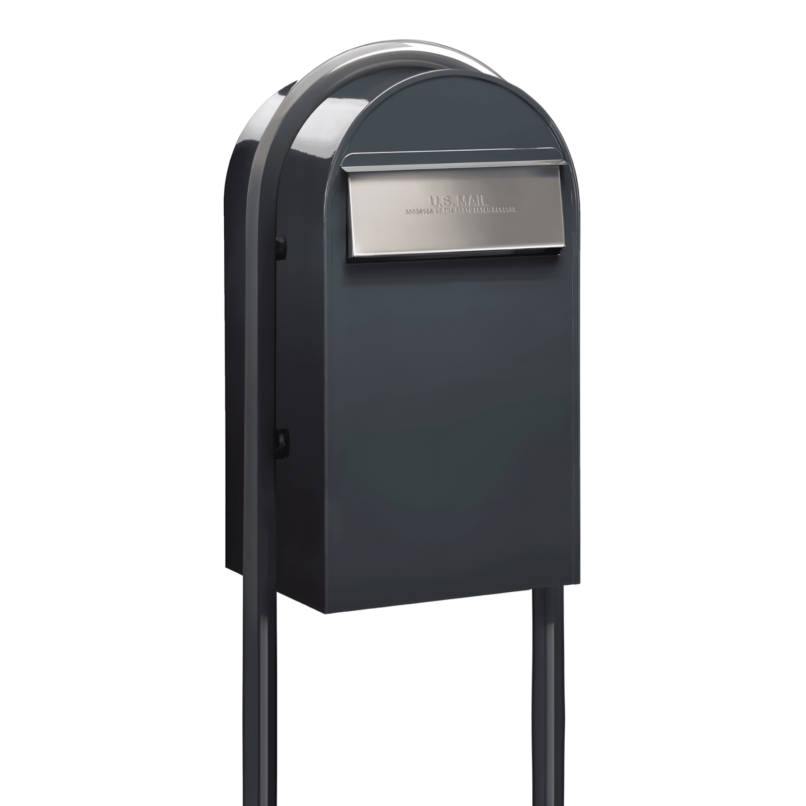 Bobi Grande B Rear Access Modern Locking Grey Mailbox with Round Grey Post Combo - Stainless Steel Mail Slot - Secure Small Parcel Delivery