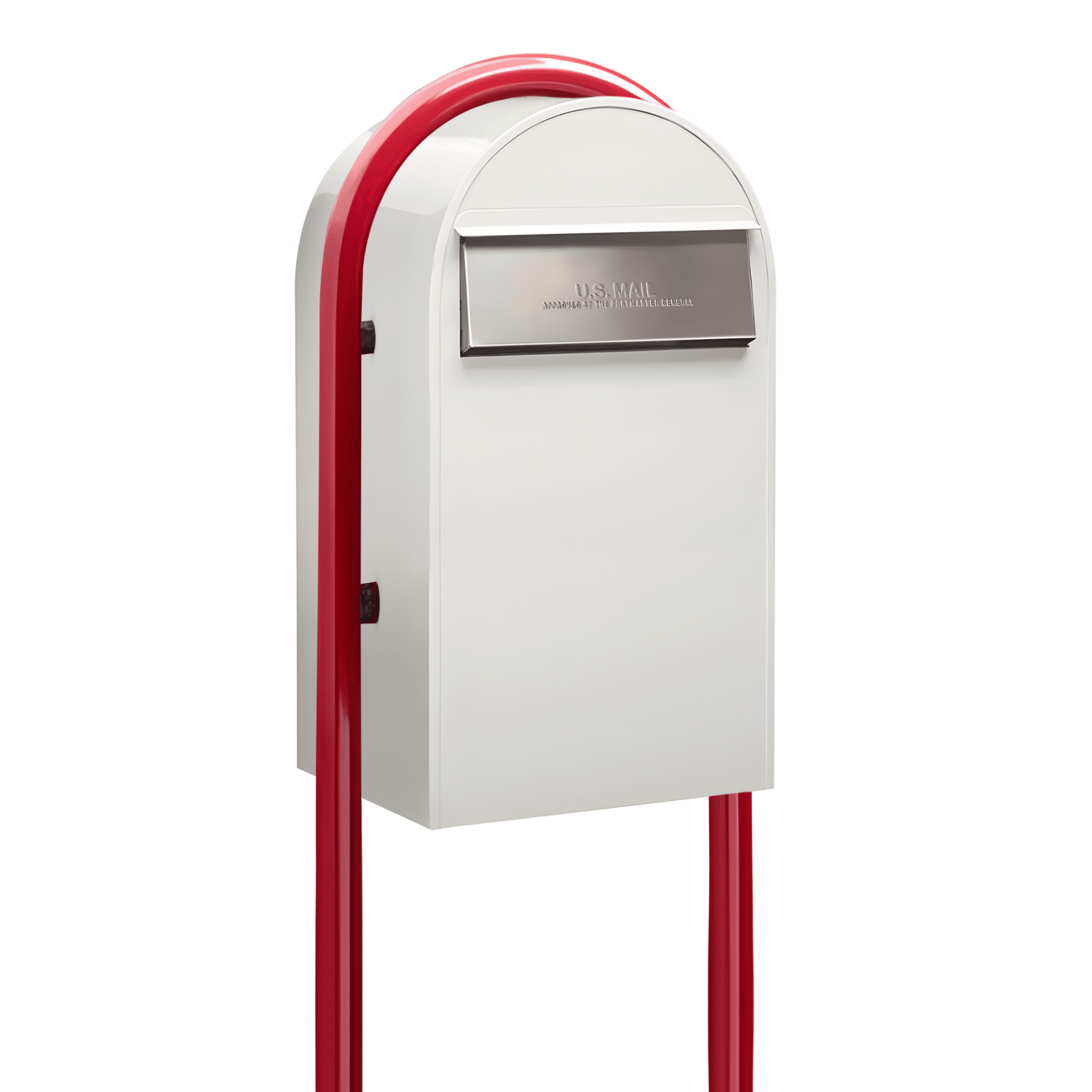 Bobi Grande B Rear Access Modern Locking White Mailbox with Round Red Post Combo - Stainless Steel Mail Slot- Secure Small Parcel Delivery
