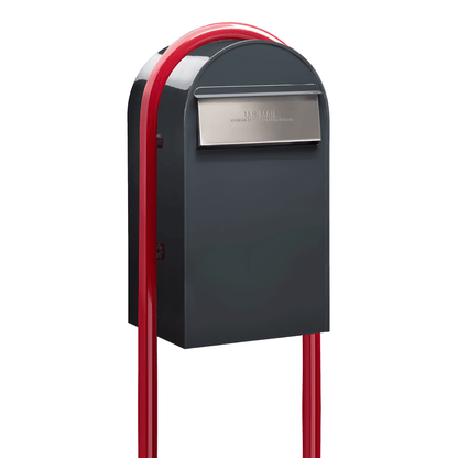 Bobi Grande B Rear Access Modern Locking Grey Mailbox with Round Red Post Combo - Stainless Steel Mail Slot - Secure Small Parcel Delivery