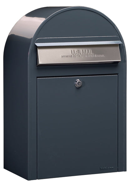 Bobi Grande Slim Front Access Modern Locking Grey Mailbox with Stainless Steel Mail Slot and Round Green Post Combo