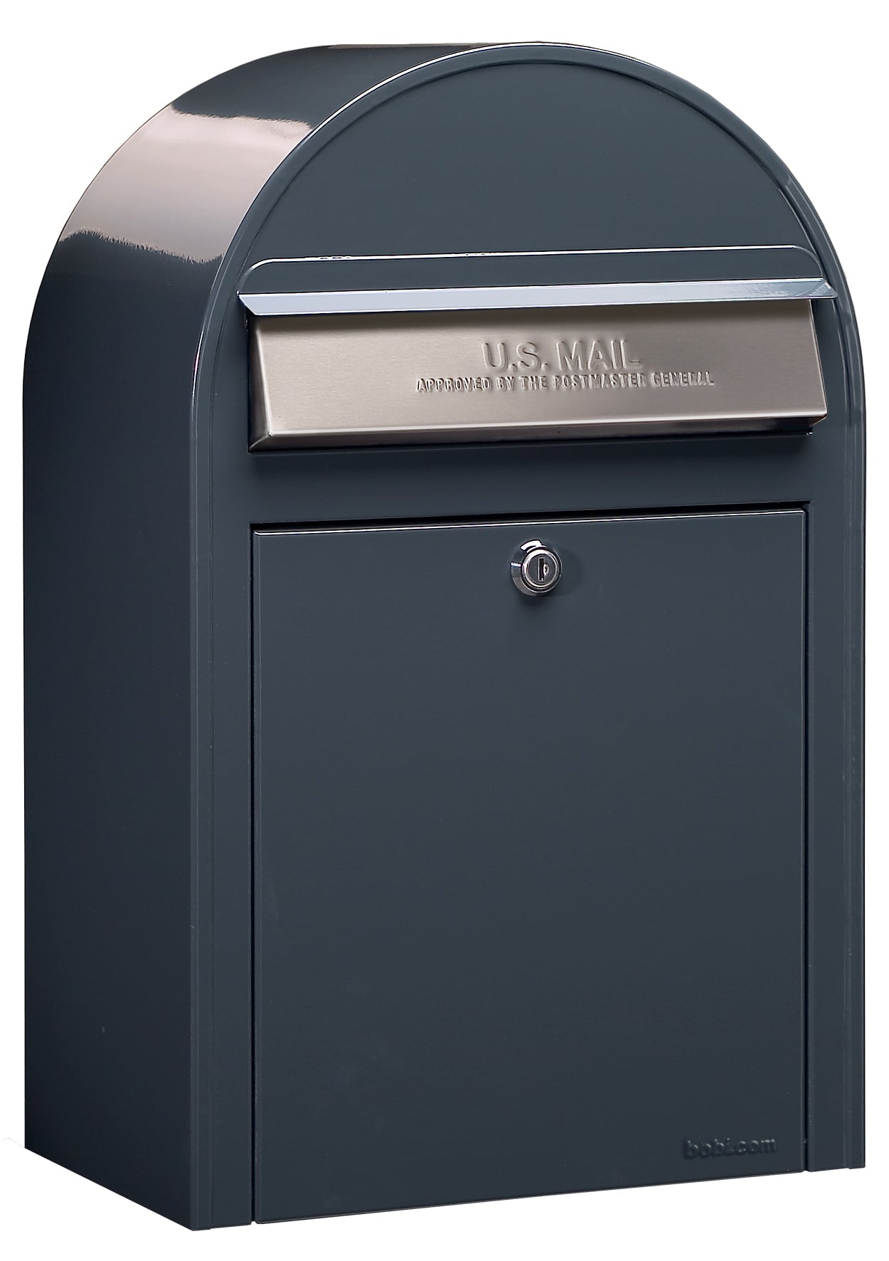 Bobi Grande Slim Front Access Modern Locking Grey Mailbox with Stainless Steel Mail Slot and Round Grey Post Combo