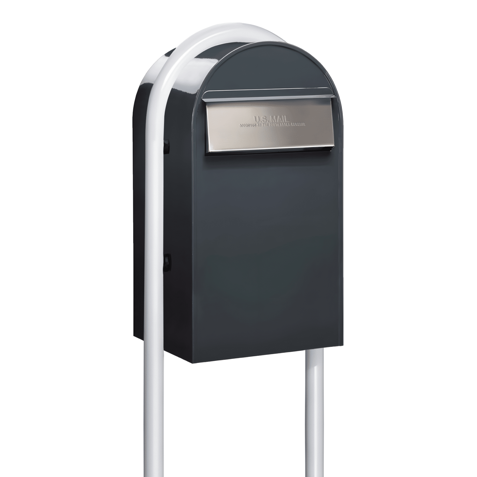 Bobi Grande B Rear Access Modern Locking Grey Mailbox with Round White Post Combo - Stainless Steel Mail Slot - Secure Small Parcel Delivery