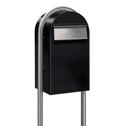 Bobi Grande B Rear Access Modern Locking Black Mailbox with Round Zinc Post Combo - Stainless Steel Mail Slot - Secure Small Parcel Delivery
