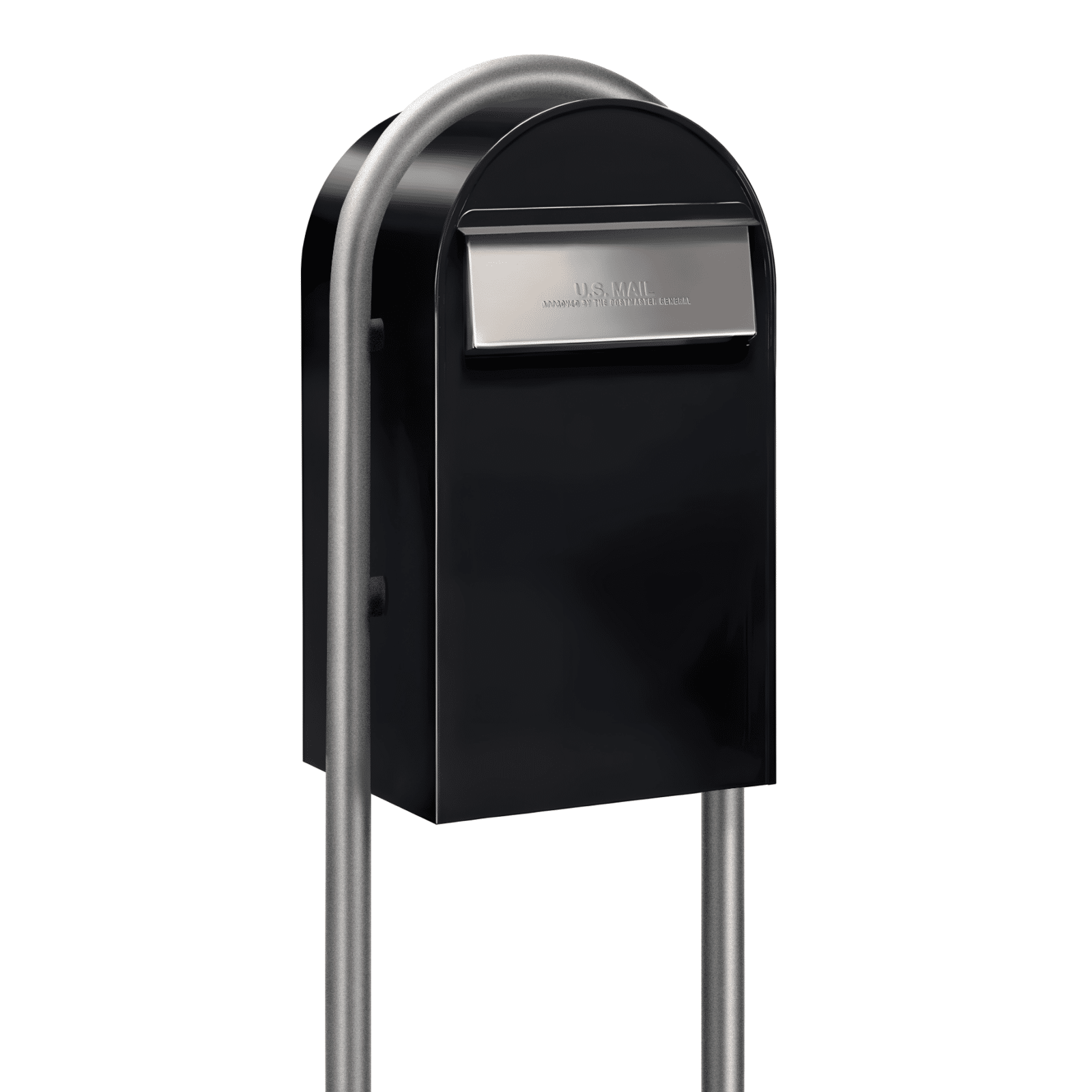 Bobi Grande B Rear Access Modern Locking Black Mailbox with Round Zinc Post Combo - Stainless Steel Mail Slot - Secure Small Parcel Delivery