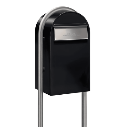 Bobi Grande B Rear Access Modern Locking Black Mailbox with Round Zinc Post Combo - Stainless Steel Mail Slot - Secure Small Parcel Delivery