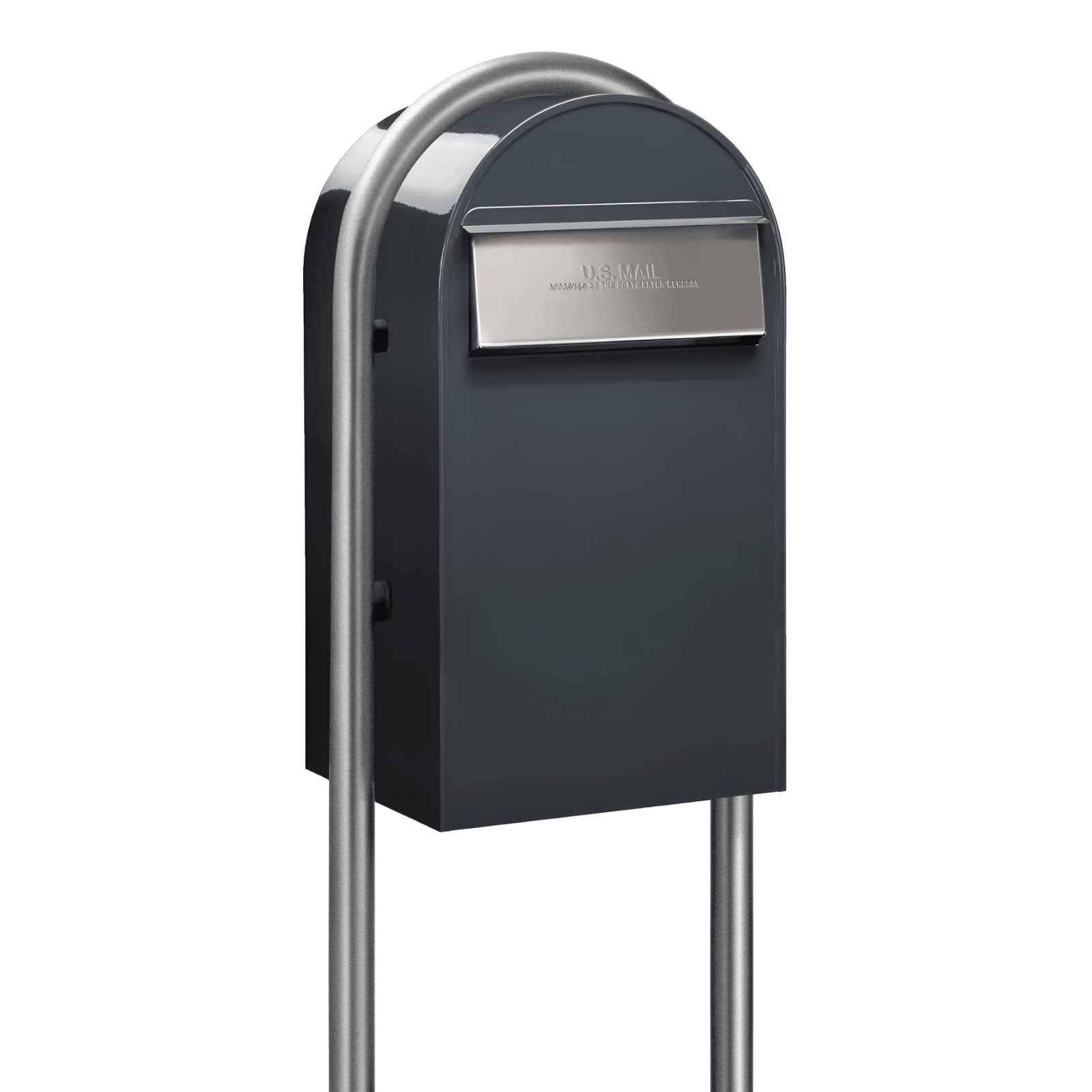 Bobi Grande B Rear Access Modern Locking Grey Mailbox with Round Zinc Post Combo - Stainless Steel Mail Slot - Secure Small Parcel Delivery