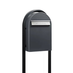 Bobi Classic B Rear Access Modern Locking Grey Mailbox with Stainless Steel Mail Slot and Round Black Post Combo