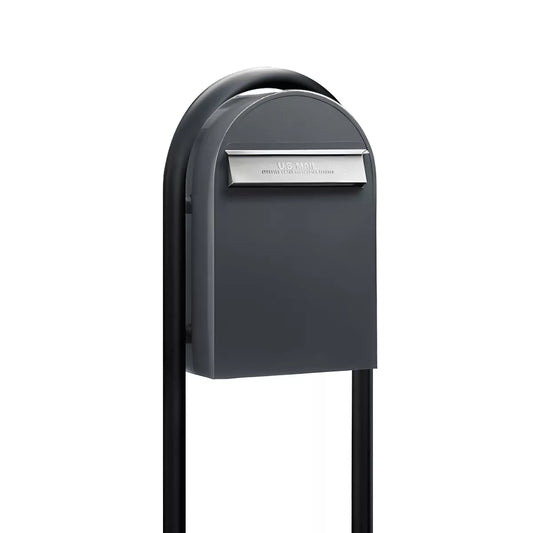 Bobi Classic B Rear Access Modern Locking Grey Mailbox with Stainless Steel Mail Slot and Round Black Post Combo