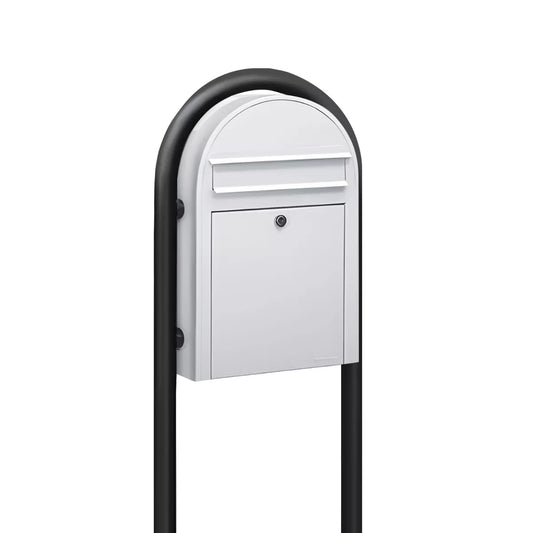 Bobi Classic Slim Front Access Modern Locking White Mailbox and Round Black Post Combo