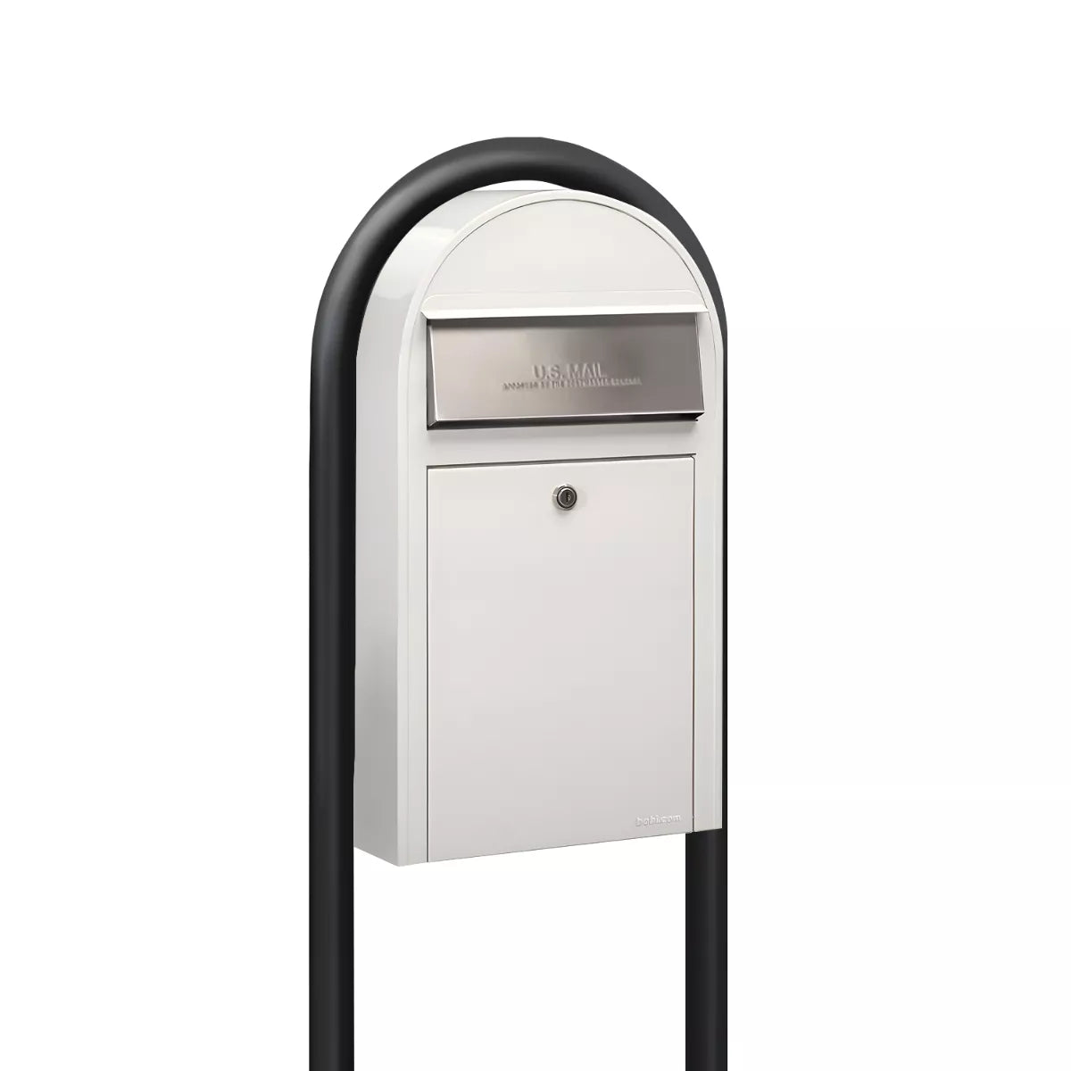 USPS Approved Bobi Grande Slim Front Access Modern Locking White Mailbox with Stainless Steel Mail Slot and Round Black Post Combo