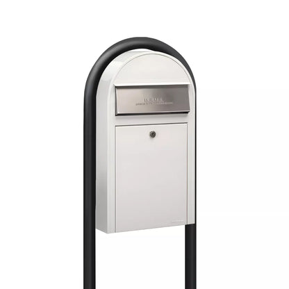 USPS Approved Bobi Grande Slim Front Access Modern Locking White Mailbox with Stainless Steel Mail Slot and Round Black Post Combo
