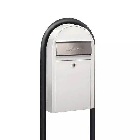 USPS Approved Bobi Grande Slim Front Access Modern Locking White Mailbox with Stainless Steel Mail Slot and Round Black Post Combo