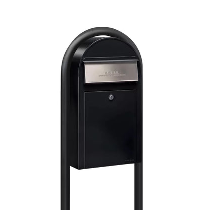 USPS Approved Bobi Grande Slim Front Access Modern Locking Black Mailbox with Stainless Steel Mail Slot and Round Black Post Combo