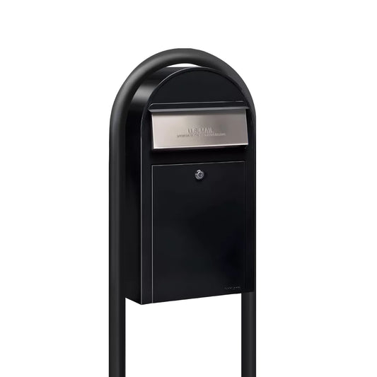 USPS Approved Bobi Grande Slim Front Access Modern Locking Black Mailbox with Stainless Steel Mail Slot and Round Black Post Combo