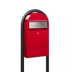 USPS Approved Bobi Grande Slim Front Access Modern Locking Red Mailbox with Stainless Steel Mail Slot and Round Black Post Combo