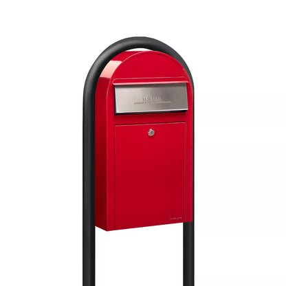 USPS Approved Bobi Grande Slim Front Access Modern Locking Red Mailbox with Stainless Steel Mail Slot and Round Black Post Combo