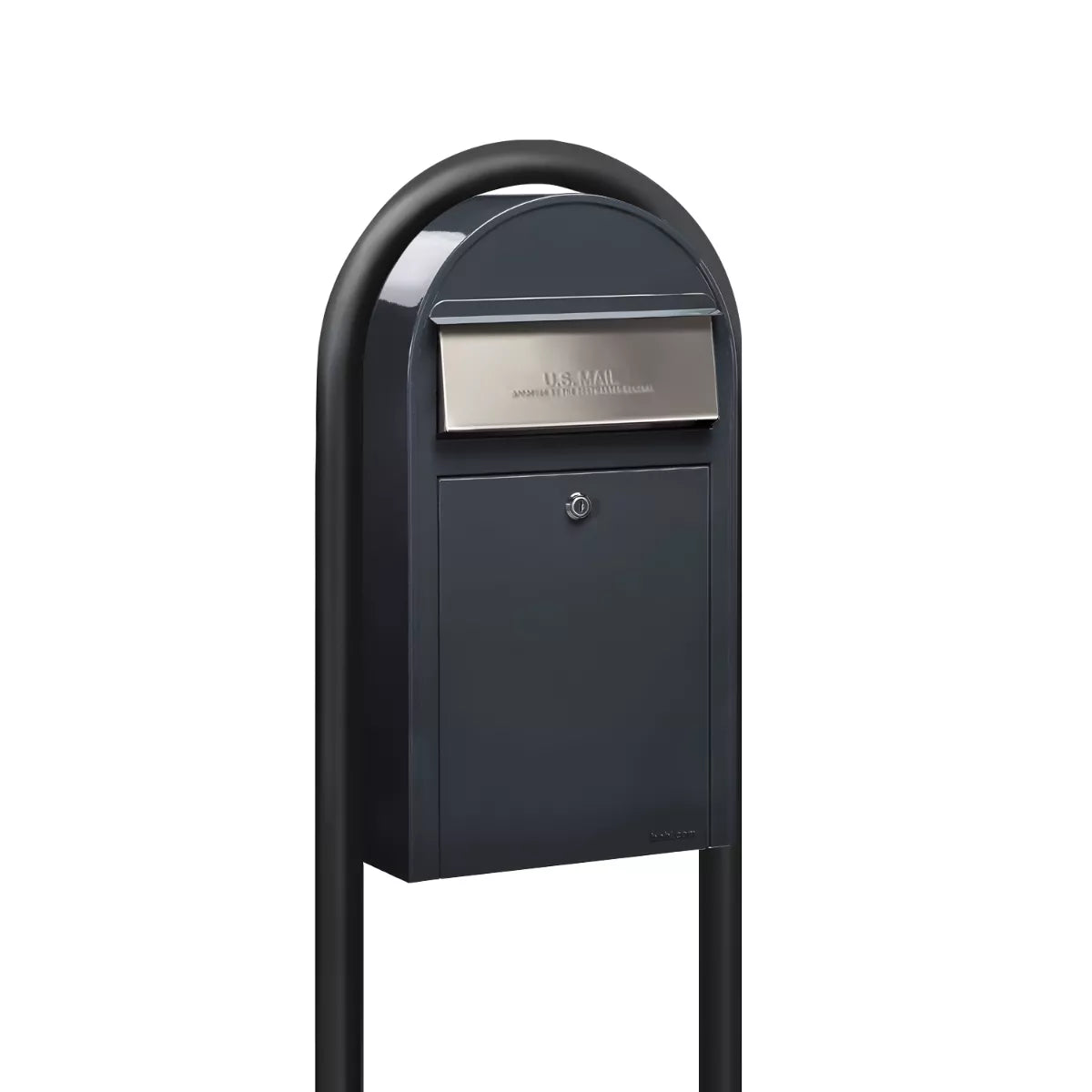 USPS Approved Bobi Grande Slim Front Access Modern Locking Grey Mailbox with Stainless Steel Mail Slot and Round Black Post Combo