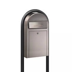 Bobi Grande Slim Front Access Modern Locking Stainless Steel Mailbox with Round Black Post Combo