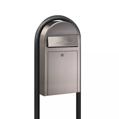 Bobi Grande Slim Front Access Modern Locking Stainless Steel Mailbox with Round Black Post Combo