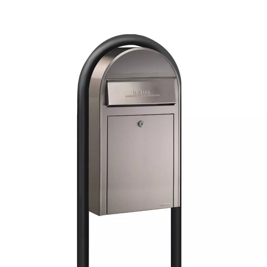 Bobi Grande Slim Front Access Modern Locking Stainless Steel Mailbox with Round Black Post Combo