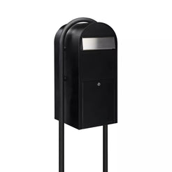 Bobi Jumbo Front Access Package Black Mailbox with Stainless Steel Mail Slot and Round Black Post Combo