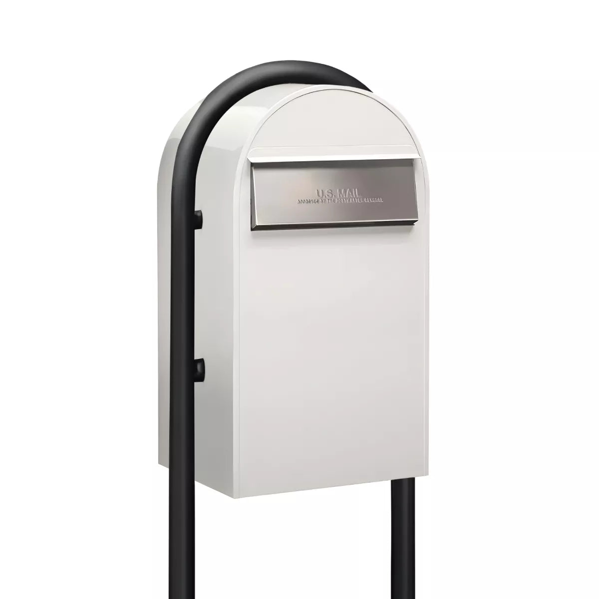 Bobi Grande B Rear Access Modern Locking White Mailbox with Round Black Post Combo -Stainless Steel Mail Slot- Secure Small Parcel Delivery