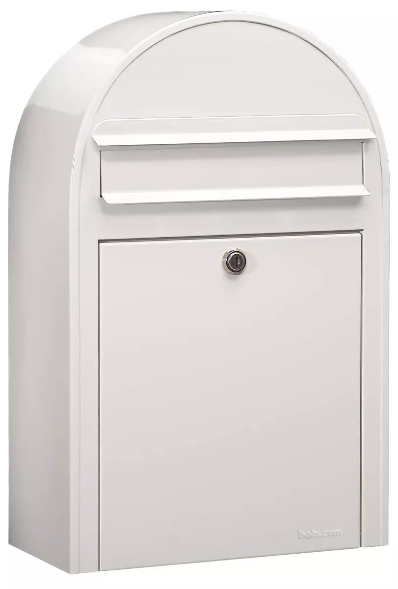 Bobi Classic Slim Front Access Modern Locking White Mailbox and Round White Post Combo
