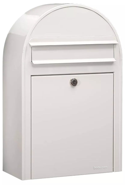 Bobi Classic Slim Front Access Modern Locking White Mailbox and Round White Post Combo
