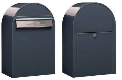 Bobi Classic B Rear Access Modern Locking Grey Mailbox with Stainless Steel Mail Slot and Round Red Post Combo