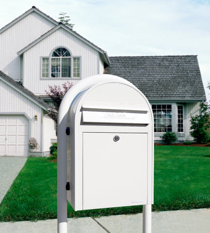 Bobi White Round Mailbox Post installed