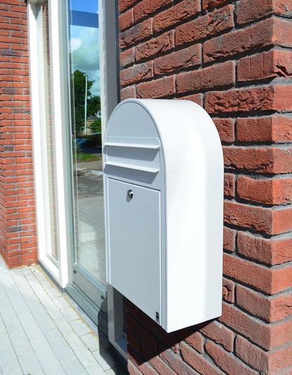 Bobi Classic Slim Front Access Modern Locking White Mailbox and Round Zinc Post Combo