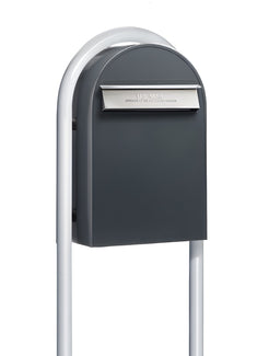 Bobi Classic B Rear Access Modern Locking Grey Mailbox with Stainless Steel Mail Slot and Round White Post Combo