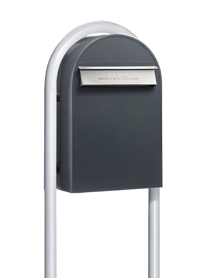 Bobi Classic B Rear Access Modern Locking Grey Mailbox with Stainless Steel Mail Slot and Round White Post Combo