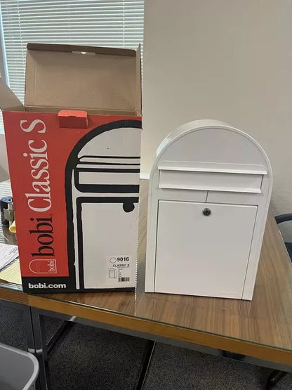 Bobi Classic Slim Front Access Modern Locking White Mailbox and Round Zinc Post Combo
